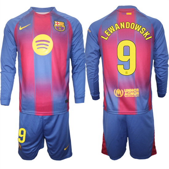 Men's Barcelona #9 LEWANDOWSKI 2025-26 home Long sleeves  Suit Soccer Jerseys