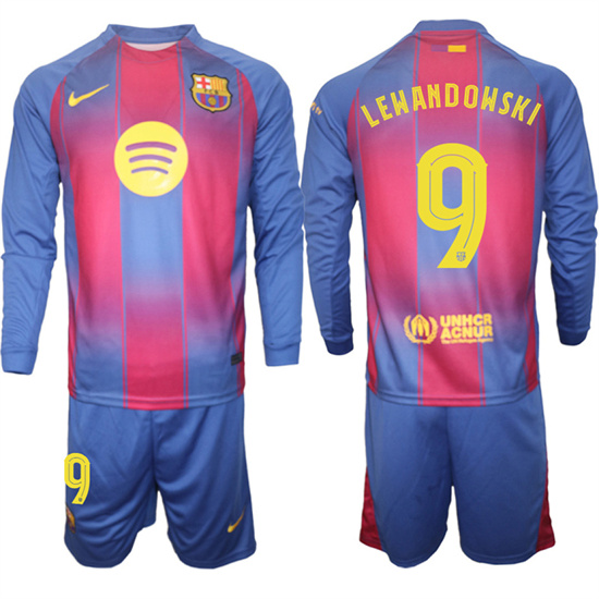 Men's Barcelona #9 LEWANDOWSKI 2025-26 home Long sleeves  Suit Soccer Jerseys1