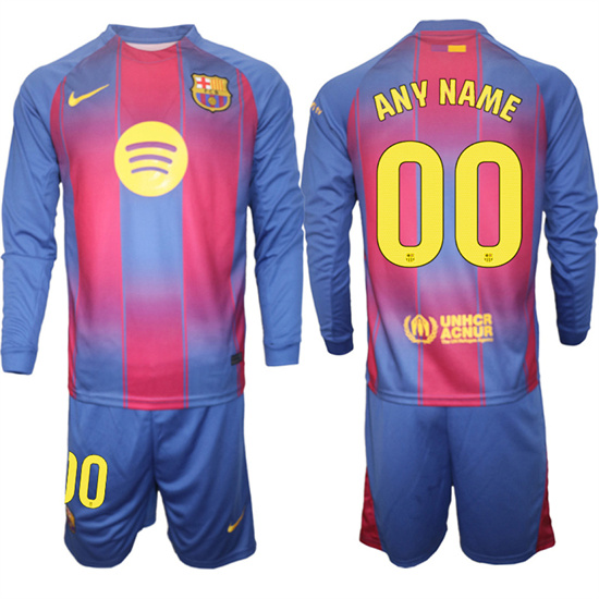 Men's Barcelona Custom Any Name And Number 2025-26 home Long sleeves  Suit Soccer Jerseys