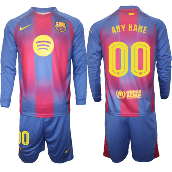 Men's Barcelona Custom Any Name And Number 2025-26 home Long sleeves  Suit Soccer Jerseys1