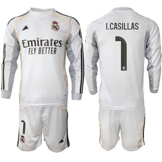 Men's Real Madrid #1 I.CASILLAS  2025-26 Home White Long Sleeves Adidas Soccer Suit Jerseys