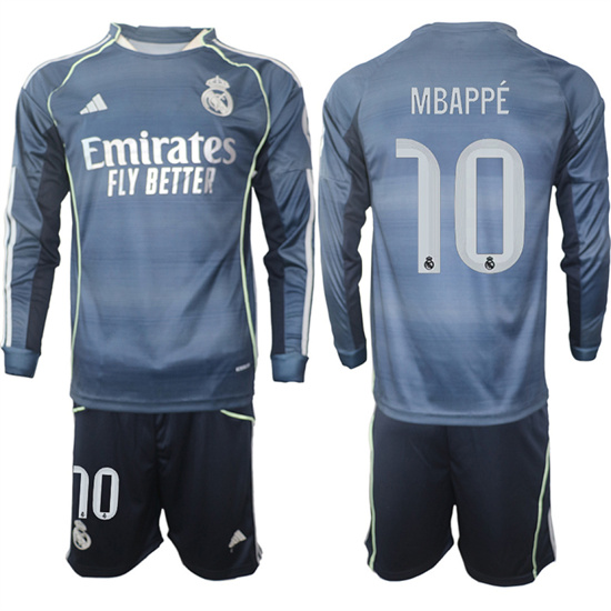 Men's Real Madrid #10 MBAPPE 2025-26 Away Long Sleeves Adidas Soccer Suit Jerseys