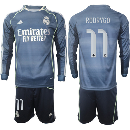 Men's Real Madrid #11 RODRYGO 2025-26 Away Long Sleeves Adidas Soccer Suit Jerseys