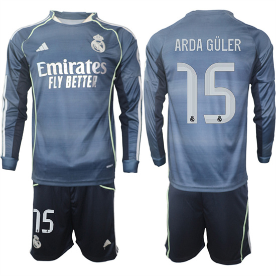 Men's Real Madrid #15 ARDA GULER 2025-26 Away Long Sleeves Adidas Soccer Suit Jerseys