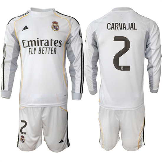 Men's Real Madrid #2 CARVAJAL 2025-26 Home White Long Sleeves Adidas Soccer Suit Jerseys