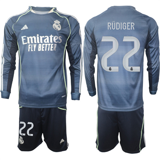 Men's Real Madrid #22 RUDIGER 2025-26 Away Long Sleeves Adidas Soccer Suit Jerseys