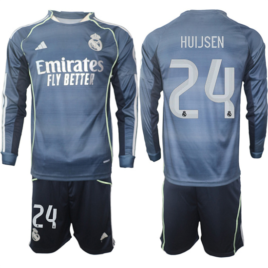 Men's Real Madrid #24 HUIJSEN 2025-26 Away Long Sleeves Adidas Soccer Suit Jerseys