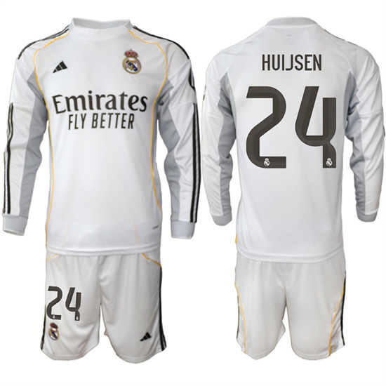 Men's Real Madrid #24 HUIJSEN 2025-26 Home White Long Sleeves Adidas Soccer Suit Jerseys