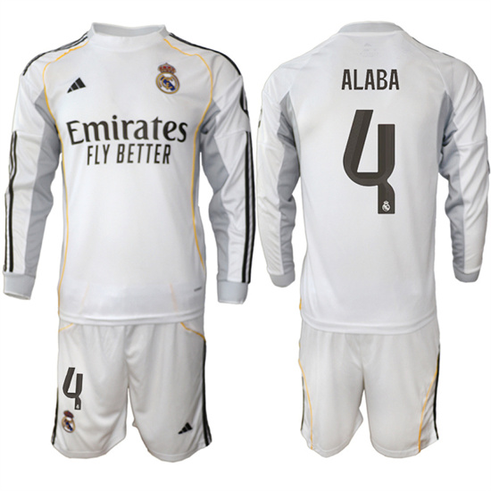 Men's Real Madrid #4 ALABA 2025-26 Home White Long Sleeves Adidas Soccer Suit Jerseys