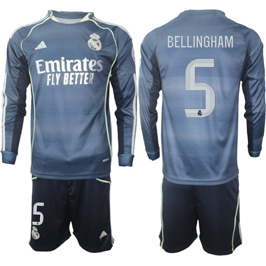 Men's Real Madrid #5 BELLINGHAM 2025-26 Away Long Sleeves Adidas Soccer Suit Jerseys