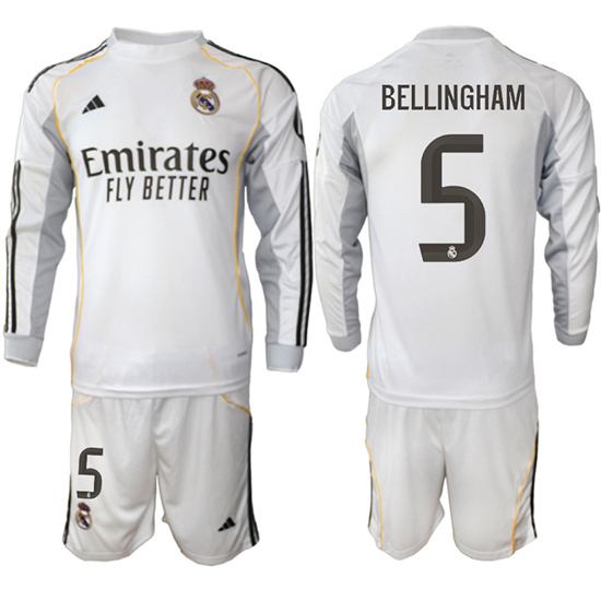 Men's Real Madrid #5 BELLINGHAM 2025-26 Home White Long Sleeves Adidas Soccer Suit Jerseys