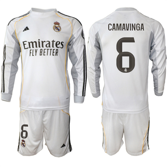 Men's Real Madrid #6 CAMAVINGA 2025-26 Home White Long Sleeves Adidas Soccer Suit Jerseys