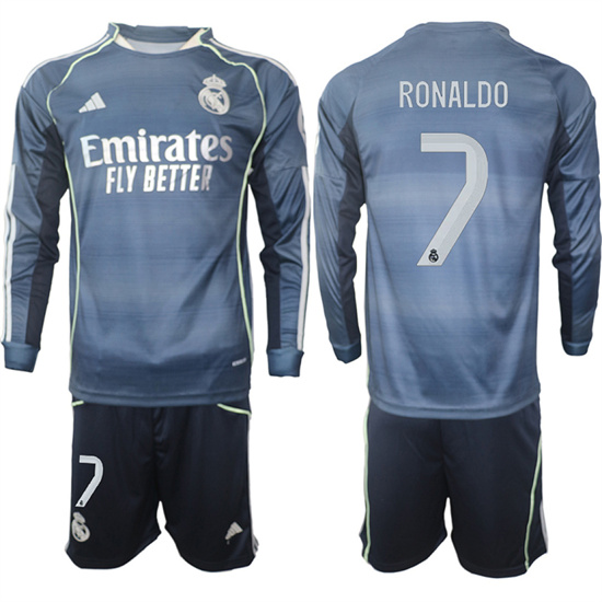 Men's Real Madrid #7 RONALDO 2025-26 Away Long Sleeves Adidas Soccer Suit Jerseys
