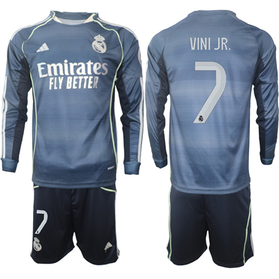 Men's Real Madrid #7 VINI JR. 2025-26 Away Long Sleeves Adidas Soccer Suit Jerseys