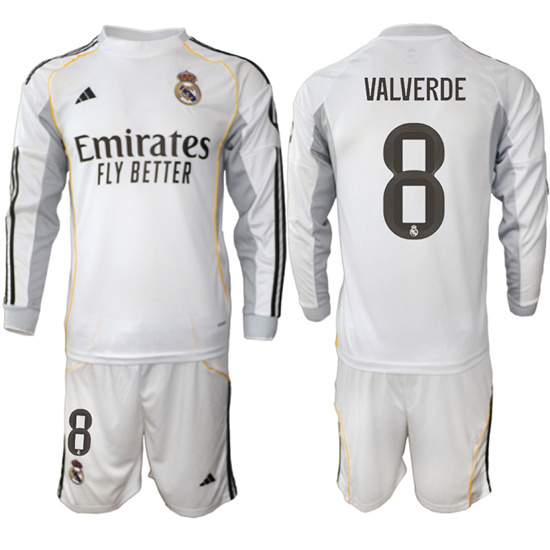 Men's Real Madrid #8 VALVERDE 2025-26 Home White Long Sleeves Adidas Soccer Suit Jerseys