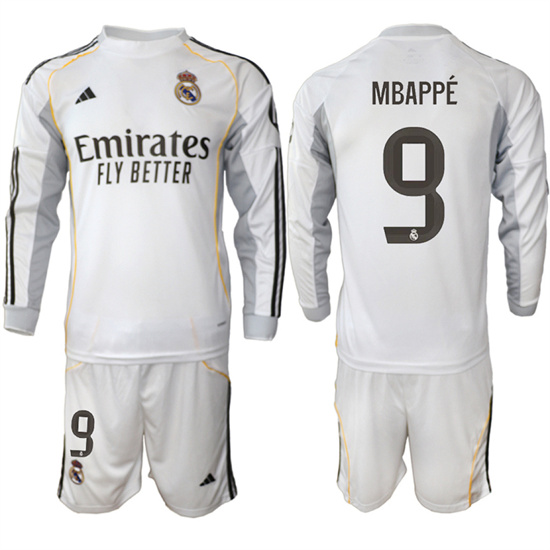 Men's Real Madrid #9 MBAPPE 2025-26 Home White Long Sleeves Adidas Soccer Suit Jerseys