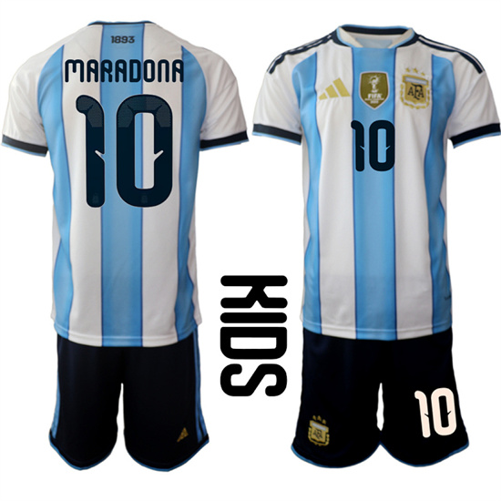 Youth Argentina #10 MARADONA National Team FIFA x World Cup 2026 Home White On Field Kids Jersey