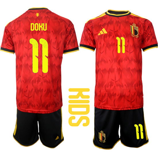 Youth Belgium #11 DOKU National Team FIFA x World Cup 2026 Home Red On Field Kids Jersey