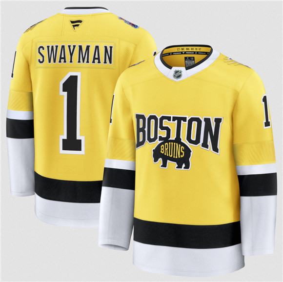 Men's Boston Bruins #1 Jeremy Swayman Gold 2026 Stadium Series Stitched Hockey Jersey