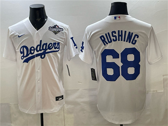 Men's Los Angeles Dodgers #68 Dalton Rushing White 2025 World Series Patch Cool Base Stitched Baseball Jersey