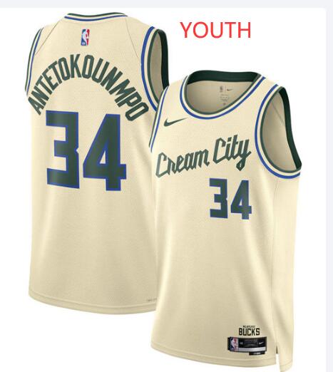 Youth Milwaukee Bucks #34 Giannis Antetokounmpo Cream 2025-26 City Edition Swingman Stitched Basketball Jersey