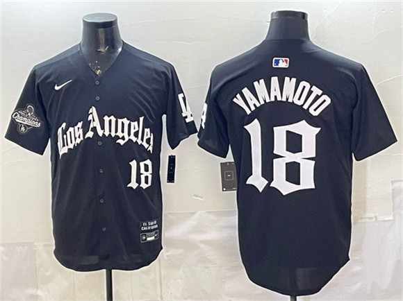 Men's Los Angeles Dodgers #18 Yoshinobu Yamamoto Black LA Gothic Style With 2025 World Series Champions Patch Limited Stitched Baseball Jersey