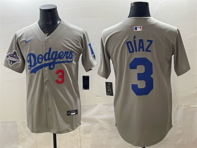 Mens Los Angeles Dodgers #3 Edwin Díaz Grey With 2025 World Series Champions Patch Limited Stitched Baseball Jersey