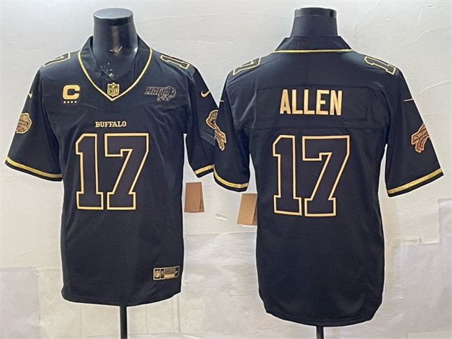 Men's Buffalo Bills #17 Josh Allen Black Gold 2025 F.U.S.E. “Rivalries” With Bills Mafia Patch & 4-Star C Patch Vapor Limited Football Stitched Jersey