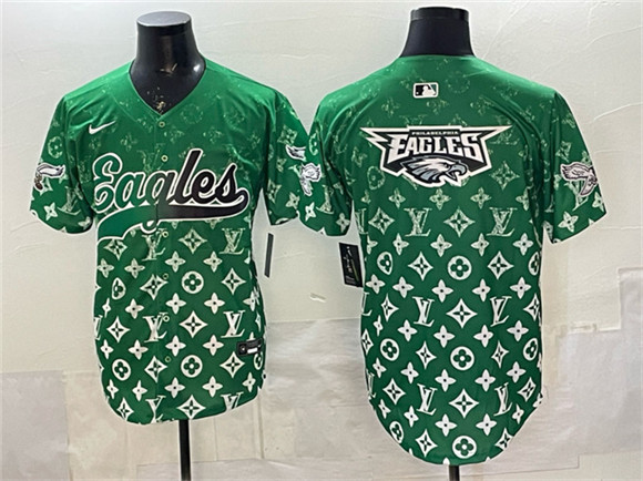 Men's Philadelphia Eagles Team Big Logo Green With Patch Limited Stitched Baseball Jersey