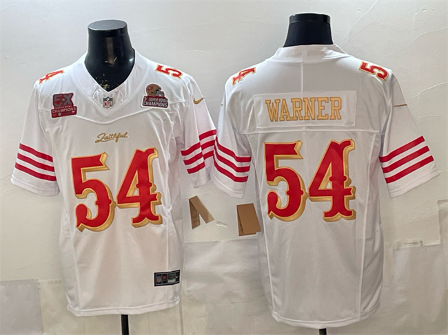 Men's San Francisco 49ers #54 Fred Warner White Gold 2025 F.U.S.E. “Rivalries” 5x Super Bowl Champions Patch Vapor Limited Stitched Football Jersey