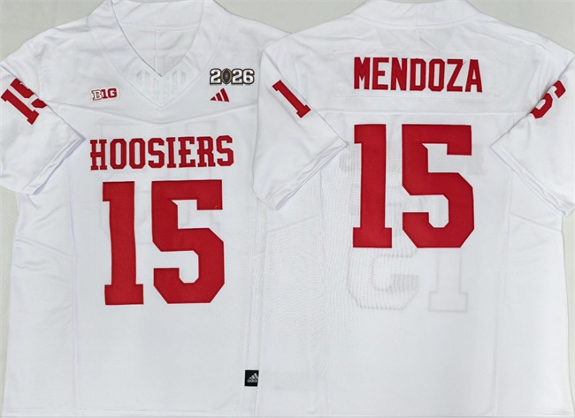 Men's Indiana Hoosiers #15 Fernando Mendoza With 2026 Championship Patch White College Football Jersey