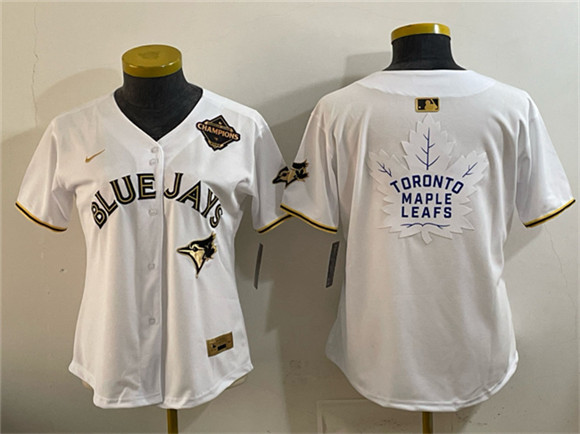 Youth Toronto Blue Jays & Leafs White Gold 2025 American League Champions With White Leafs Logo Limited Stitched Baseball Jersey
