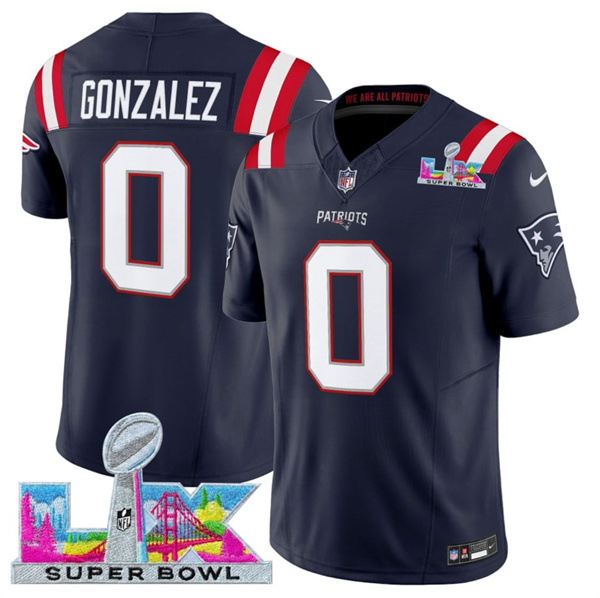 Men's New England Patriots #0 Christian Gonzalez Navy 2025 F.U.S.E. Super Bowl LX Patch Vapor Limited Football Stitched Jersey
