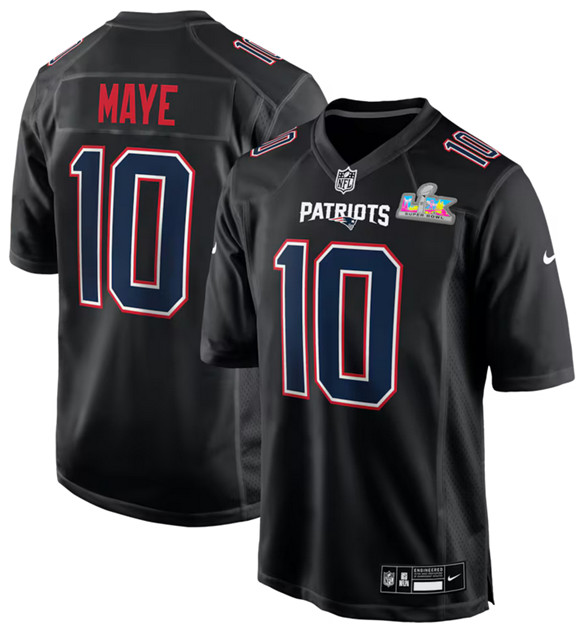 Men's New England Patriots #10 Drake Maye Black 2025 Super Bowl LX Patch Carbon Fashion Stitched Game Jersey