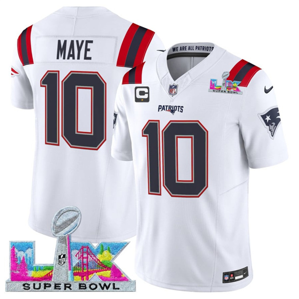 Men's New England Patriots #10 Drake Maye White 2025 F.U.S.E. Super Bowl LX Patch And 1-Star C Patch Vapor Limited Football Stitched Jersey
