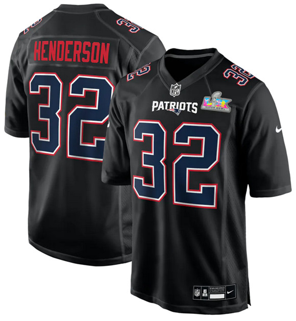Men's New England Patriots #32 TreVeyon Henderson Black 2025 Super Bowl LX Patch Carbon Fashion Stitched Game Jersey