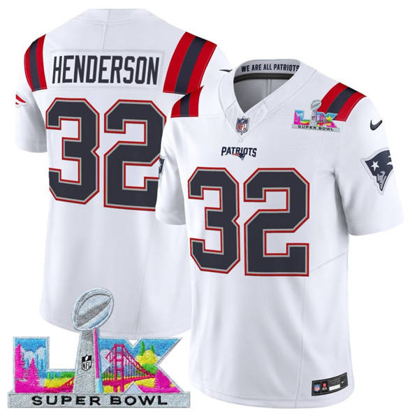 Men's New England Patriots #32 TreVeyon Henderson White 2025 F.U.S.E. Super Bowl LX Patch Vapor Limited Football Stitched Jersey