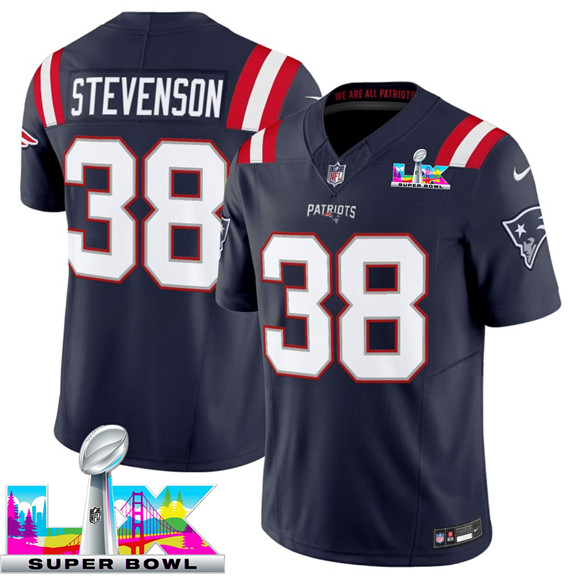 Men's New England Patriots #38 Rhamondre Stevenson Navy 2025 F.U.S.E. Super Bowl LX Patch Vapor Limited Football Stitched Jersey