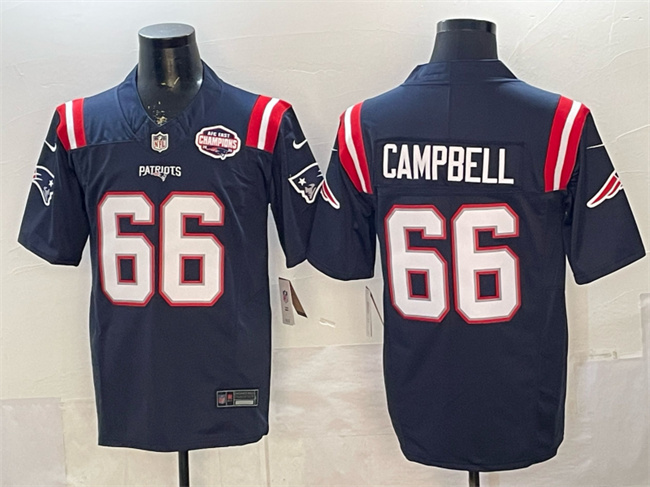 Men's New England Patriots #66 Will Campbell Navy F.U.S.E. 2025 AFC East Championship Patch Vapor Limited Stitched Football Jersey