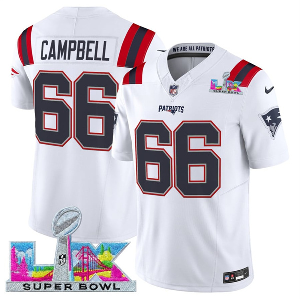 Men's New England Patriots #66 Will Campbell White 2025 F.U.S.E. Super Bowl LX Patch Vapor Limited Football Stitched Jersey