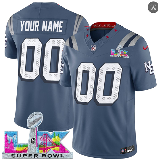 Men's New England Patriots Active Player Custom Storm Blue 2025 F.U.S.E. Super Bowl LX Patch “Rivalries” Vapor Limited Football Stitched Jersey