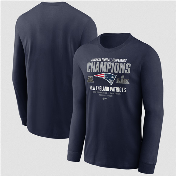 Men's New England Patriots Navy 2025 AFC Champions Team Nation Long Sleeve T-Shirt