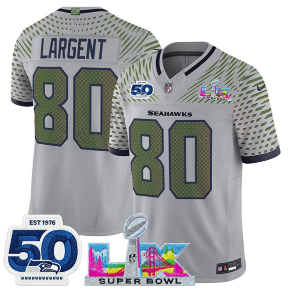 Men's Seattle Seahawks #80 Steve Largent Gray 2025 F.U.S.E. Super Bowl LX Patch And 50th Season Patch “Rivalries” Vapor Limited Football Stitched Jersey