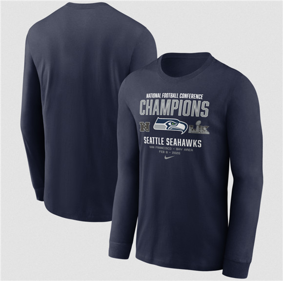 Men's Seattle Seahawks College Navy 2025 NFC Champions Team Nation Long Sleeve T-Shirt