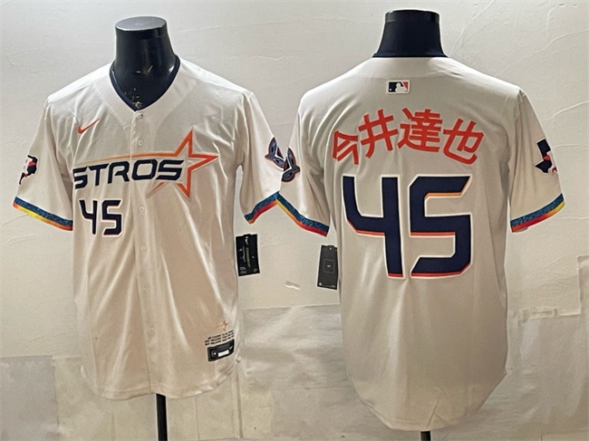 Men's Houston Astros #45 今井也 Cream 2025 City Connect With Texas Patch Limited Stitched Baseball Jersey