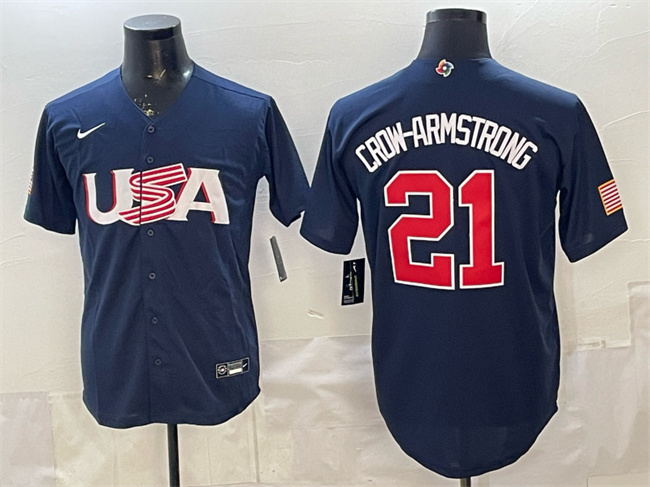 Men's USA Baseball #21 Pete Crow-Armstrong Navy 2026 WBC World Baseball Classic Stitched Jersey