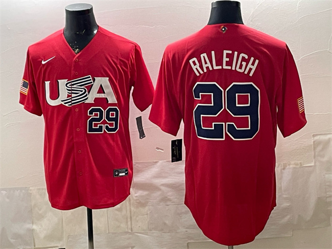 Men's USA Baseball #29 Cal Raleigh Red 2026 WBC World Baseball Classic Stitched Jersey
