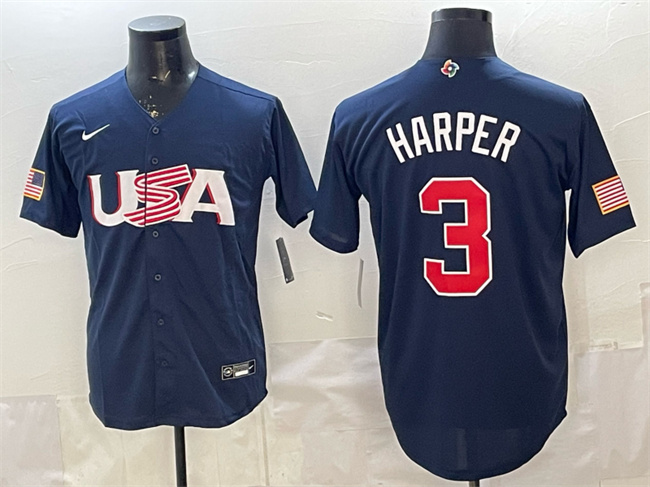 Men's USA Baseball #3 Bryce Harper Navy 2026 WBC World Baseball Classic Stitched Jersey