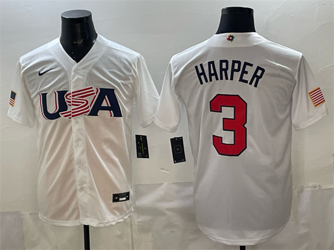 Men's USA Baseball #3 Bryce Harper White 2026 WBC World Baseball Classic Stitched Jersey