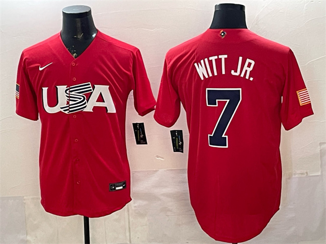Men's USA Baseball #7 Bobby Witt Jr. Red 2026 WBC World Baseball Classic Stitched Jersey
